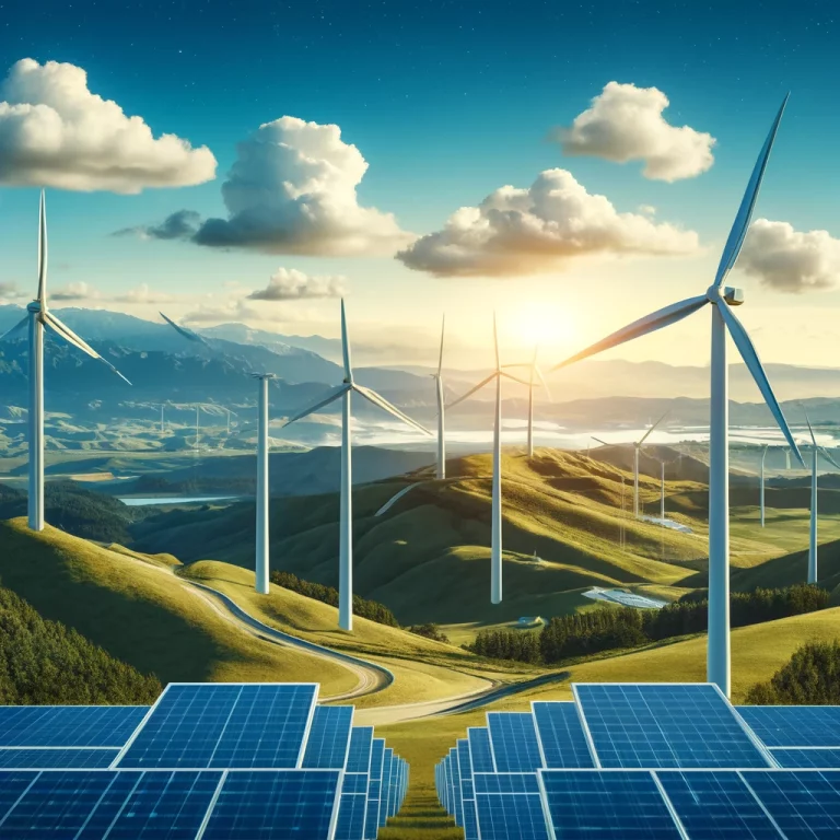 A stunning landscape of New Zealand with wind turbines and solar panels in the foreground, symbolizing the transition to renewable energy.