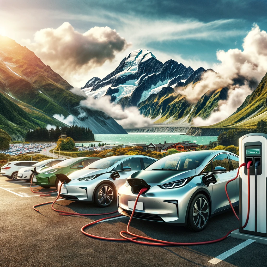 Electric vehicles charging at a station in New Zealand, with a scenic backdrop of mountains and lush greenery, representing the rise of EVs in the tra