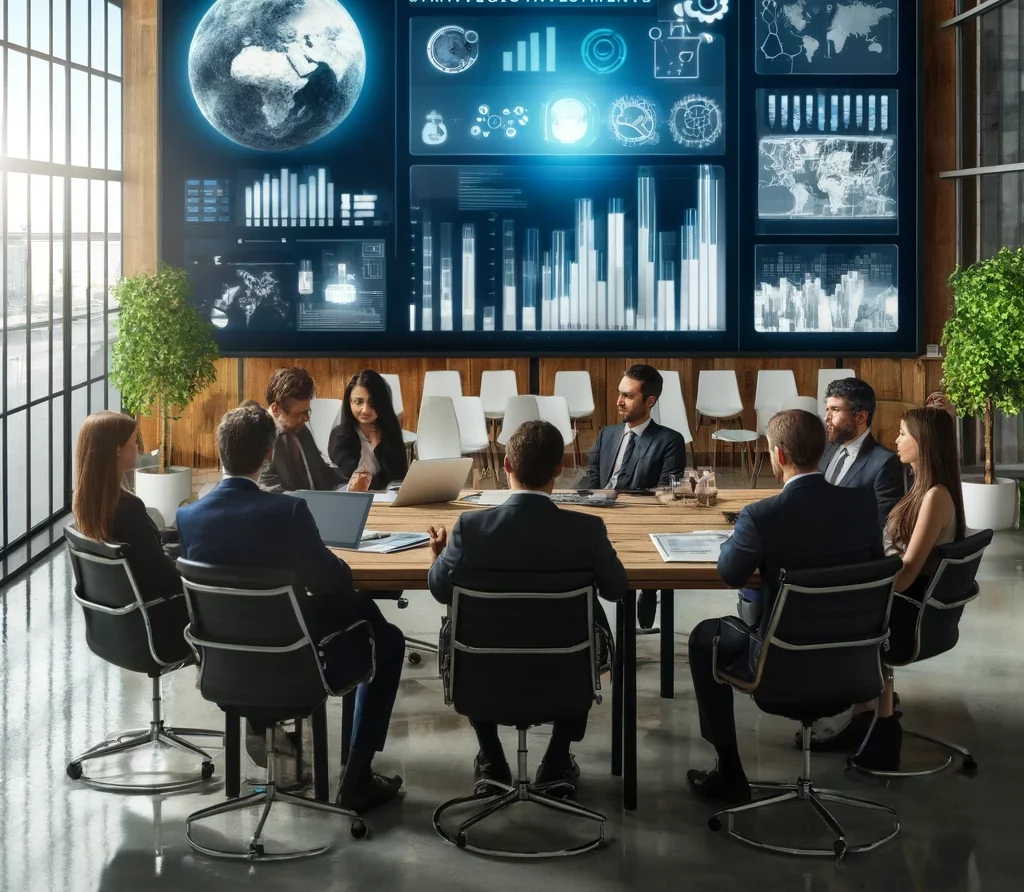 Investors meeting in a modern office setting, with charts and graphs showing climate tech investment trends on a screen, highlighting strategic invest