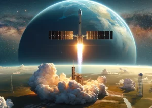 A satellite launching into space from a SpaceX rocket, with a background of a New Zealand landscape, representing the MethaneSAT mission to monitor gl