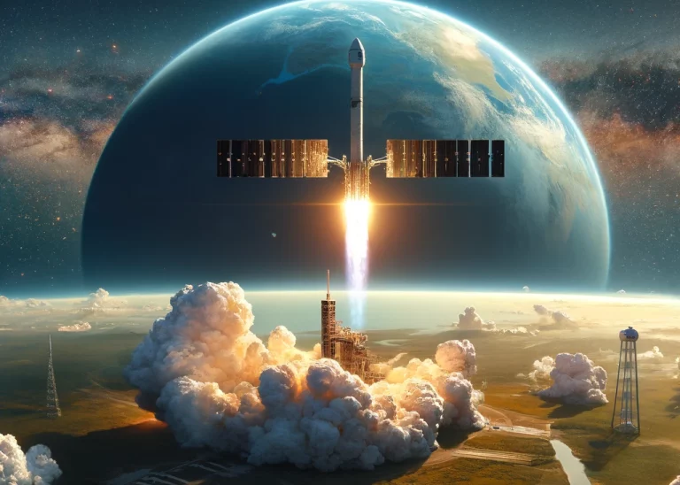 A satellite launching into space from a SpaceX rocket, with a background of a New Zealand landscape, representing the MethaneSAT mission to monitor gl